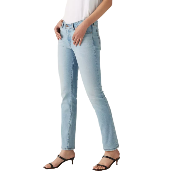 Light blue jeans worn by a person on a plain background